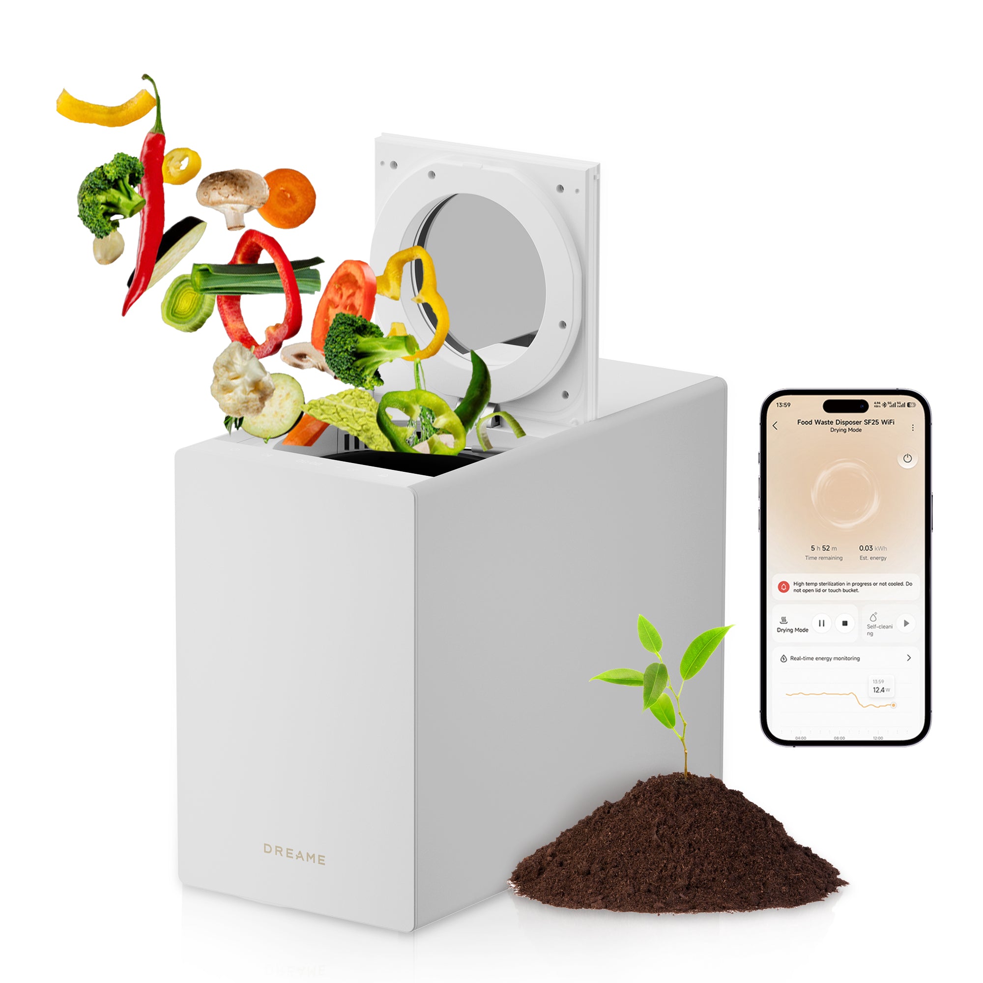 DREAME SF25 WiFi Triturador de Residuos de Comida, Control Inteligente App, Sistema de Tres Aspas, Filtro de Carbón Lavable, Control de Olores, 2,5 L, Limpieza Automática, Compacto, Silencioso